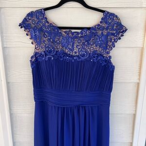 Women's, Cap Sleeve, Ruched, Lace, Round Neck, Chiffon Formal Evening Gown, Blue